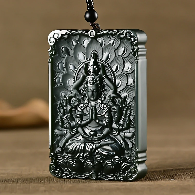 

High Quality Bottle Green Jade Pendant Amulet Buddha Hanging Bless Thousand-handed Guanyin Periapt