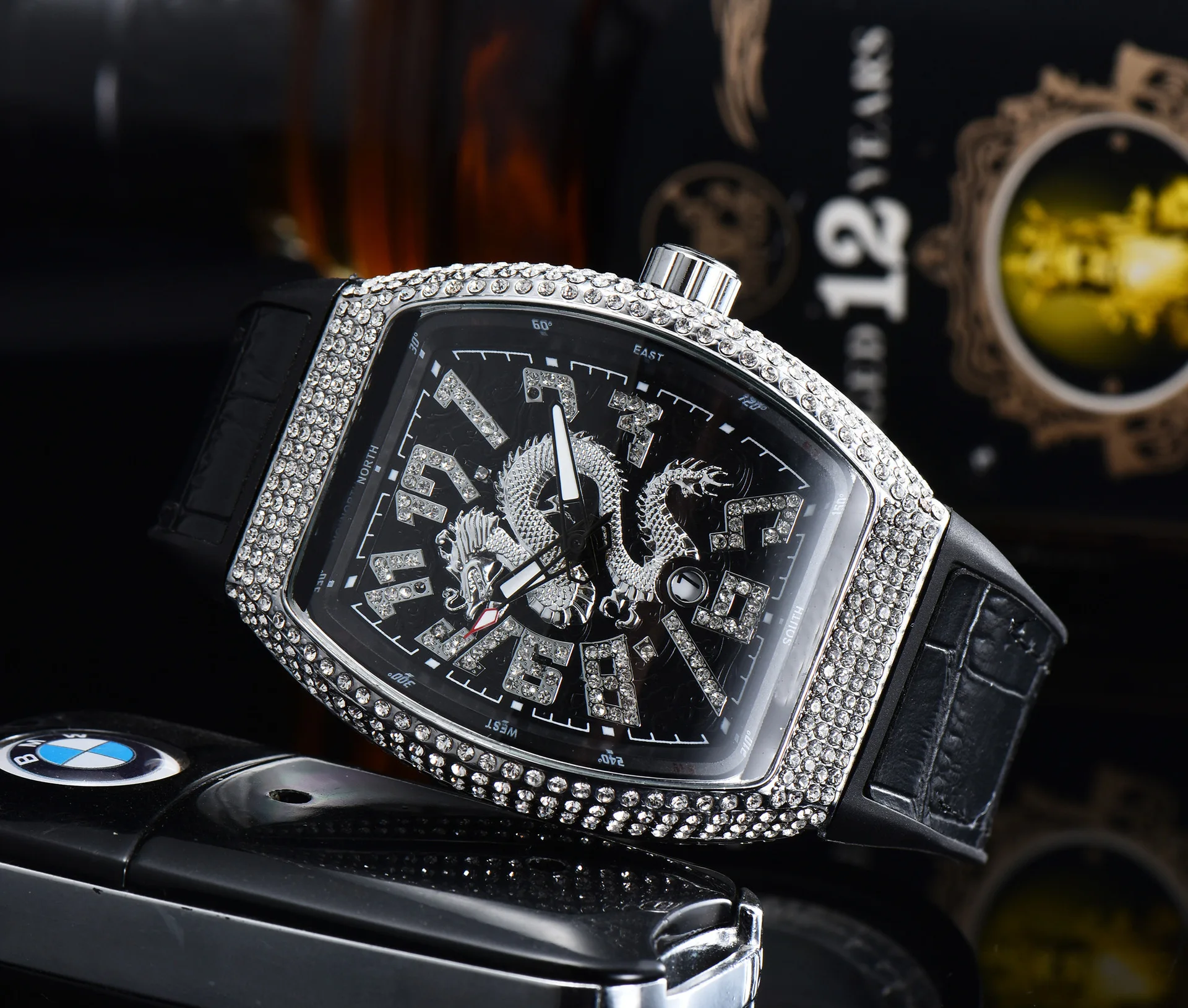 Luxury Hip Hop Cool Watch for Men Chronograph Man Quartz Dragon Watches Male Tonneau Iced Diamond Clock Hombre Relogio Masculino