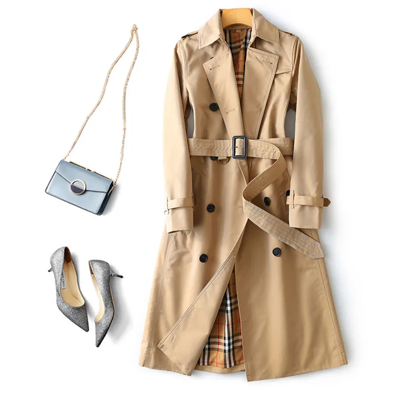 

H5203 2018 Autumn New Europe Double-breasted Fashion Sheath Classic Khaki Extra Long, over-the-Knee