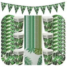 

61pcs/set Summer Disposable Tableware Sets Green Monstera Leaf Paper Plates Cups Napkins Hawaiian Luau Party Decoration Supplies