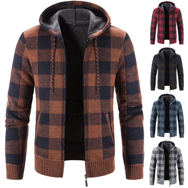 

Men's Hooded Coat Sweater Cardigan Autumn Winter Fleece Warm Wool Trend Y2K Quality Menswear Zipper Up Jacket