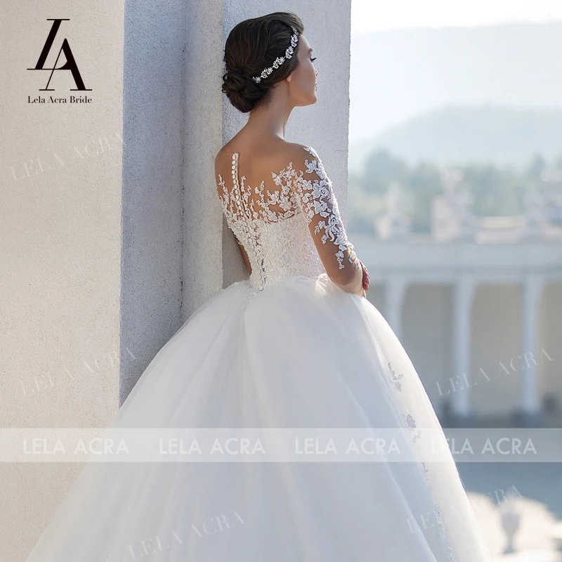 Fashion Appliques Lace Wedding Dress Beaded Long Sleeve Illusion Ball Gown Vestido De Novia Princess LelaAcra S102 Bridal Gown