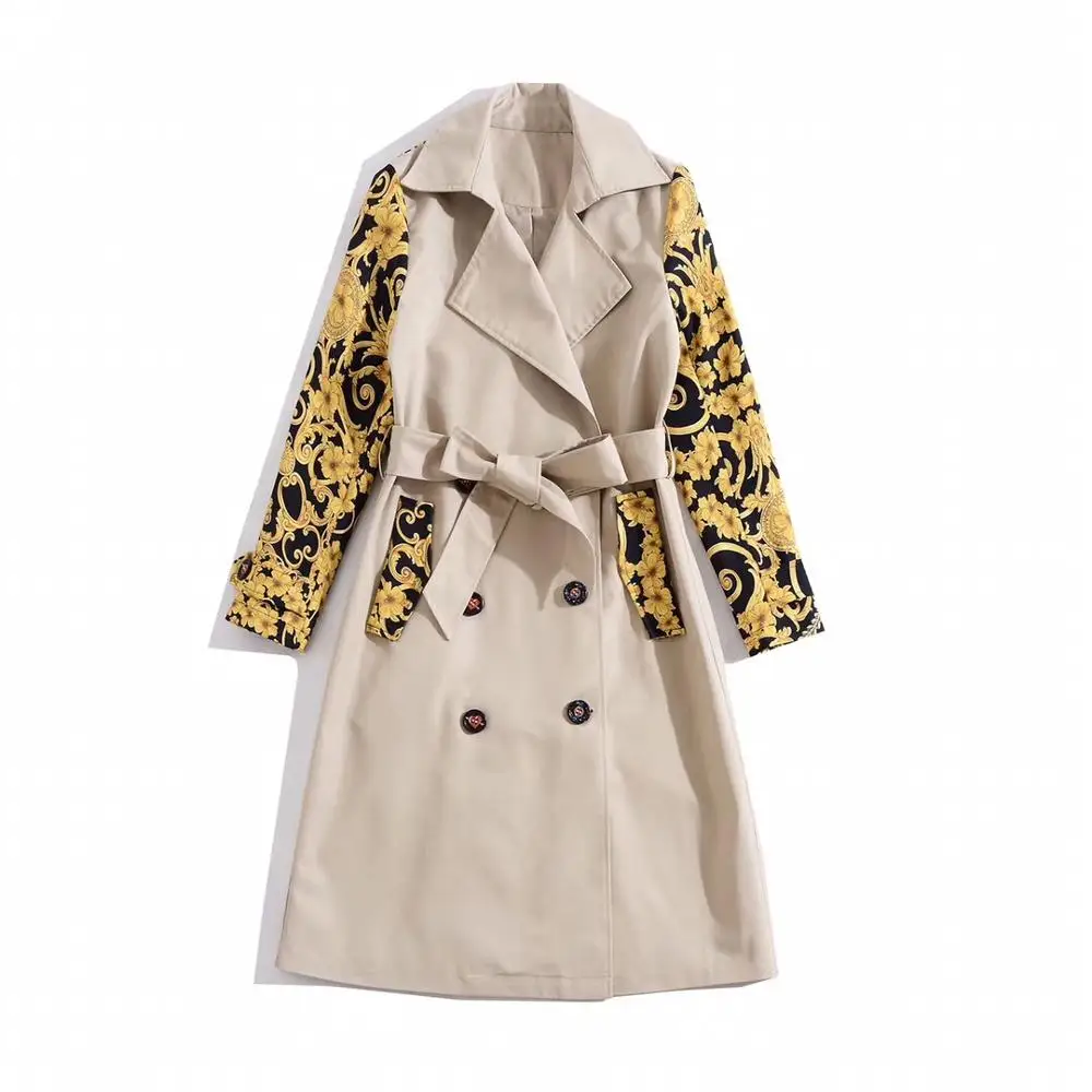 

European and American women's clothing 2019 winter new style Long sleeve Patchwork retro printing lace-up Trench coat