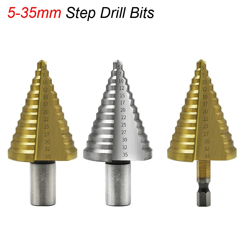 5-35mm 13 Steps Cone Drill Straight Groove Metal Hole Drilling Cutter HSS Hex Round Shank Step Drill Bit Plastic Wood Cutting