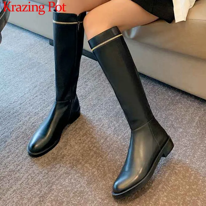 

krazing pot handsome metal Zipper decorations cow leather boots round toe med heels keep warm winter women thigh high boots L00