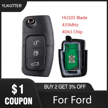 

YLKGTTER 3Buttons Car Alarm Remote Key 433MHz work for Ford Mondeo Focus 2 Fusion Fiesta Galaxy with Uncut HU101 Blade 4D63 Chip