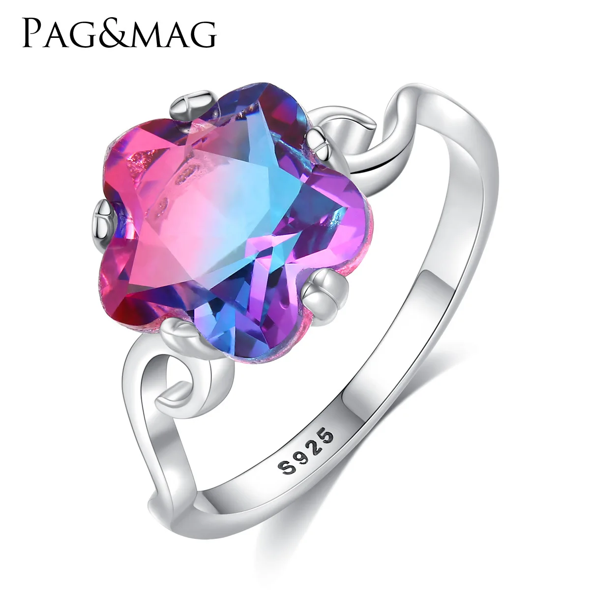 PAG & MAG S925 Sterling Silver Ring luxury rainbow stone flower jewelry ring