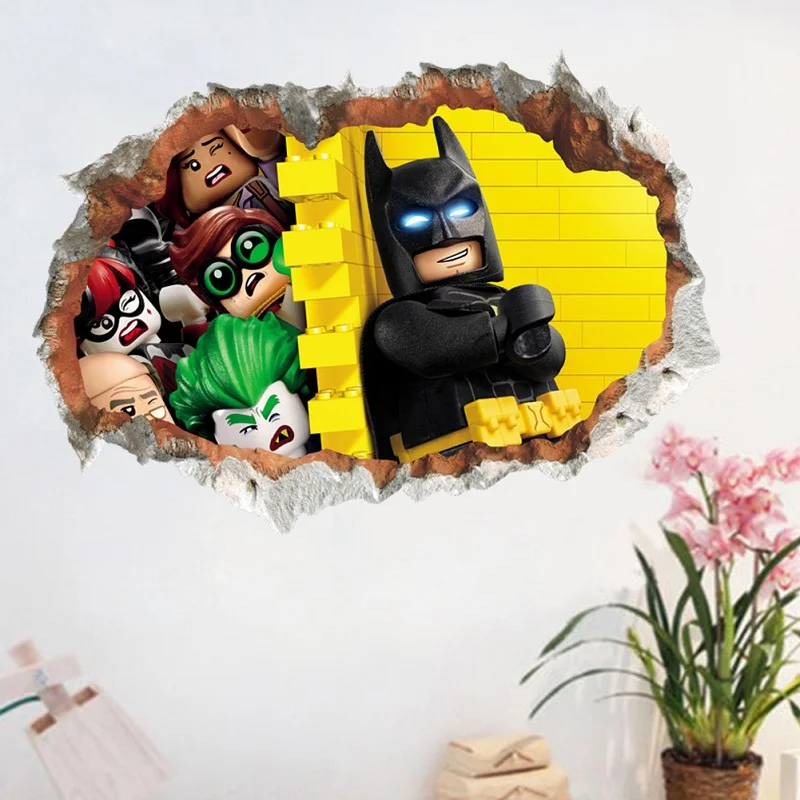 

Cartoon 3D Broken Funny Batman Wall Sticker For Kids Rooms Wall Decal Boy's Room Spiderman Decor Boy Poster Mural Gifts
