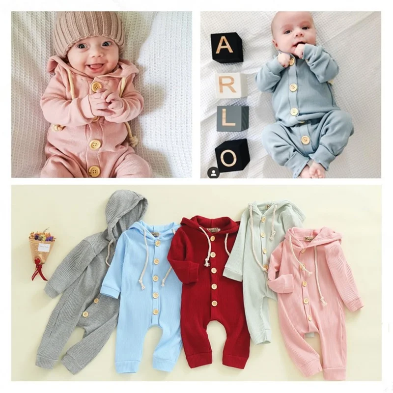 Baby Solid Romper Hooded Clothing Spring Autumn Newborn Knitted Cotton Romper Jumpsuit Baby Girl Boy Ribbed Clothes
