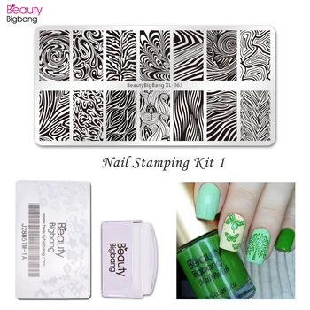 

4Pcs/Set Nail Stamping Starter Kit Water Marble Pattern Nail Stamping Plate + Clear Jelly Stamper + Green Nail Polish + Scraper