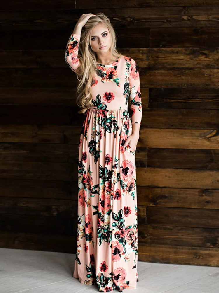 Autumn summer women dress Long short sleeve maxi dress women floor length white print floral ladies casual dress vestidos LD718 (37)