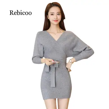 

2019 autumn and winter long women's Korean version of the self-cultivation V-neck stand collar knit bag hip waist dress sweater