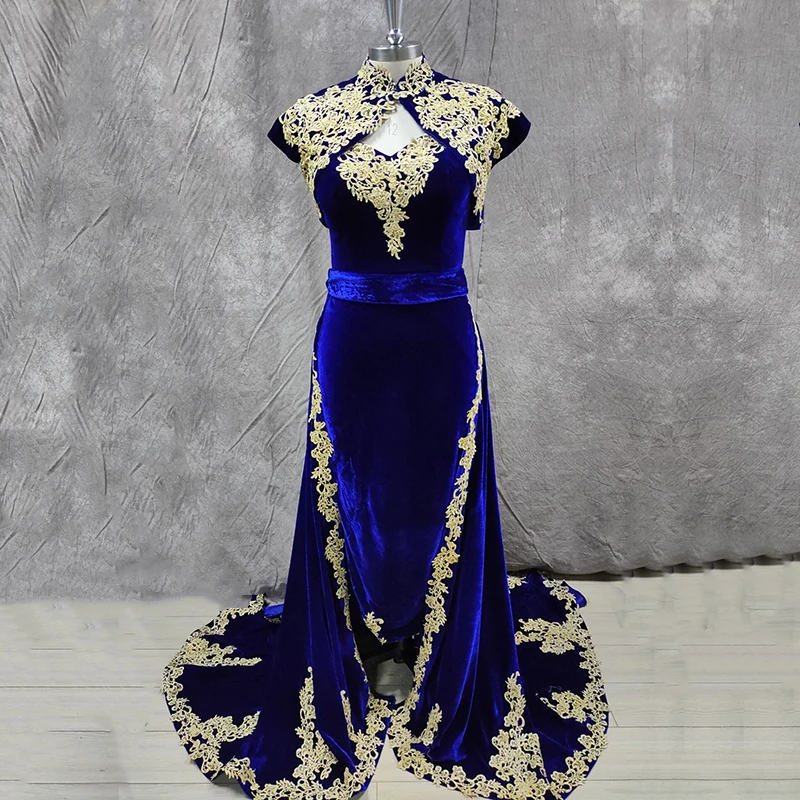 

Eightale Arabic Morocco Kaftan Evening Dresses Dubai Velvet Caftan 3 Pieces Gold Appliques Royal Blue Kaftan Prom Party Dress