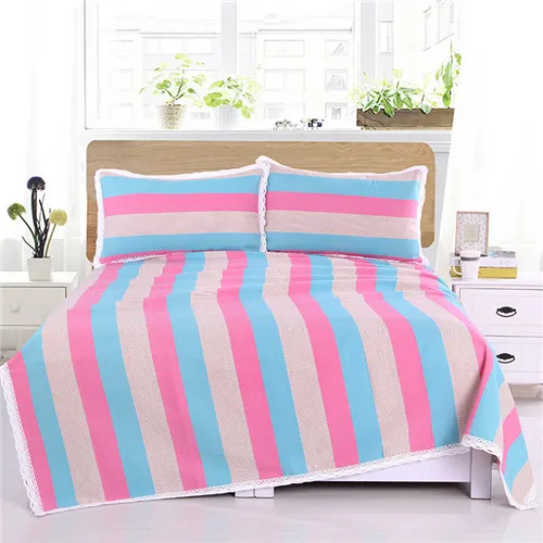 rose blue Комплект простыней из грубой ткани, покрывало на кровать в большую полоску, комплект простыней и наволочек, 250*250 см, покрывало с кружевным краем, плоский лист, сельский дом, стиль - Цвет: rose blue