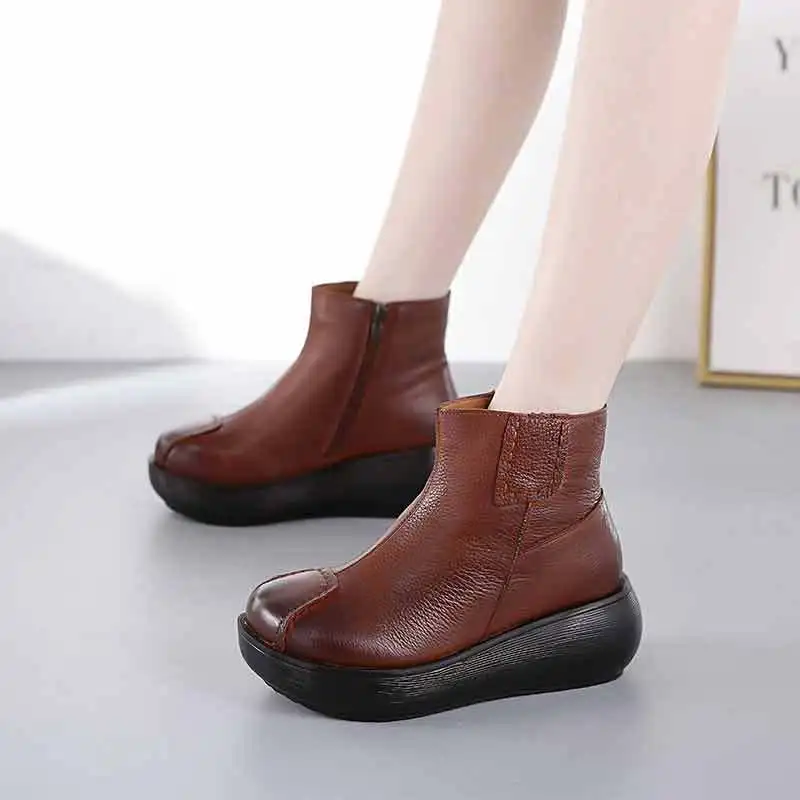 

2019 Autumn And Winter New Style Ethnic-Style Retro Thick Bottomed Platform Soft-Sole Side Zipper Short Boots Genuine Leather Co