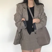 Осенний винтажный Блейзер, пальто, мини-юбка, клетчатый Блейзер, наряды, Модный женский костюм из 2 предметов, офисный комплект из двух предметов
