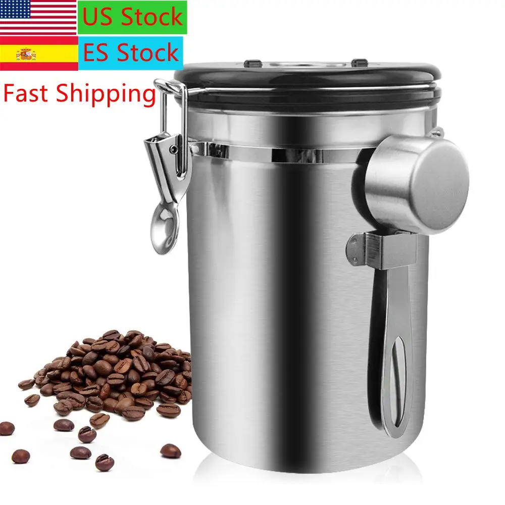 Stainless Steel Airtight Sealed Canister With Spoon Coffee Flour Sugar Container Holder Can Storage Bottles Jars