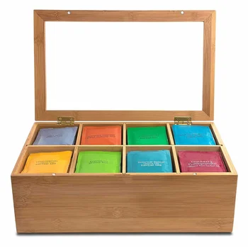 

New 8 Compartments Wooden Tea Box Glass Top Lid Cover Container Teabags Storage Box Case Kitchen Pantry Organizer Gifts 30X20X9.