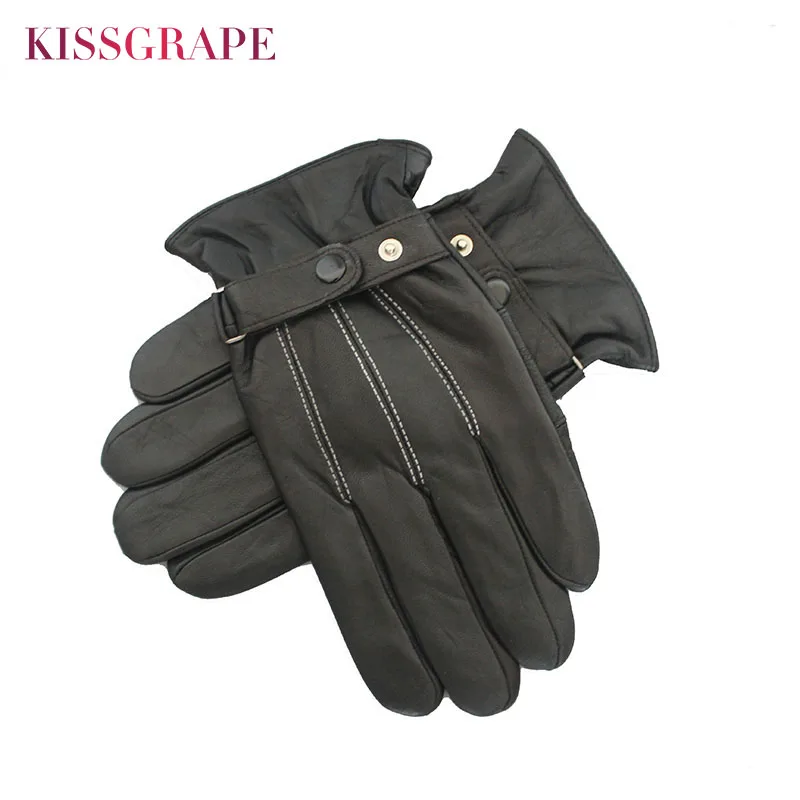 Mens Winter Warm Genuine Leather Gloves Male Goatskin Autumn Driving Anti-skid Fleece Mittens Men's Outdoor Black Gloves Guantes