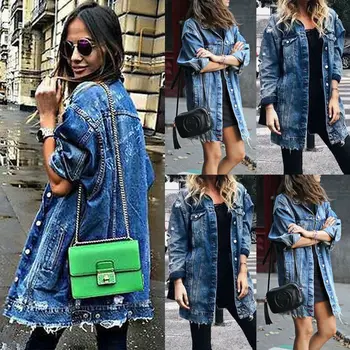 

2019 NEW Autumn Fashion Women's Long Jacket Patch Denim Ripped New Outwear Hole Jeans Bule Coat Casual