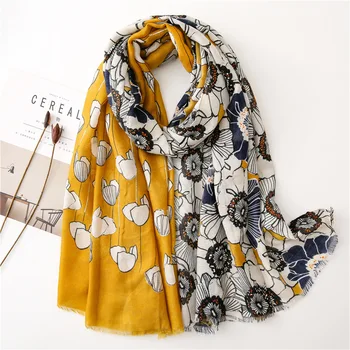 

Yellow scarf women winter South Korea pastoralism long floral patchwork hijab scarf Pashminas Sjaal Muslim snood