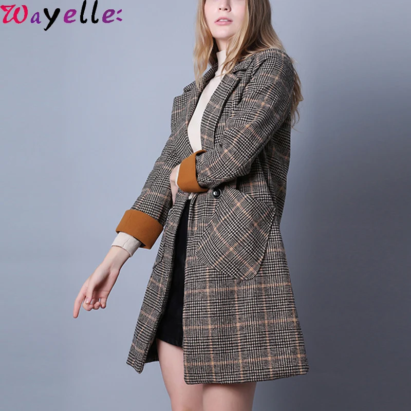 

Korean Woolen Treanch Coats Women 2019 Autumn Winter Wool Plaid Pockets Jackets Coats Vintage Office Lady Overcoats Outwear