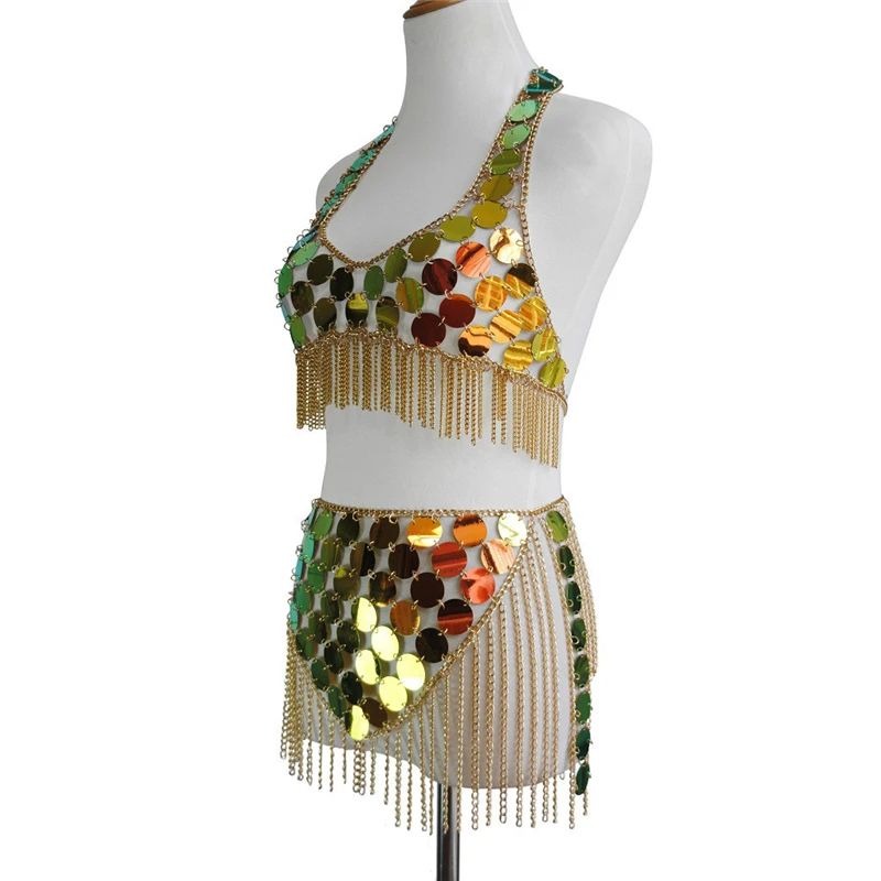 Gradient Color Shiny Sequins Dots Two Piece Set Low Cut Backless Sleeveless Crop Tops Tassel Mini Skirt Sexy Beach Outfits 2020
