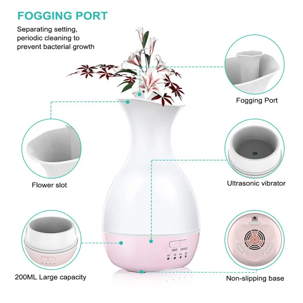 

Night Vase Shape Air Humidifier Oil Aromatherapy LED Light Diffuser Ultrasonic Light Mist Maker Humidifier