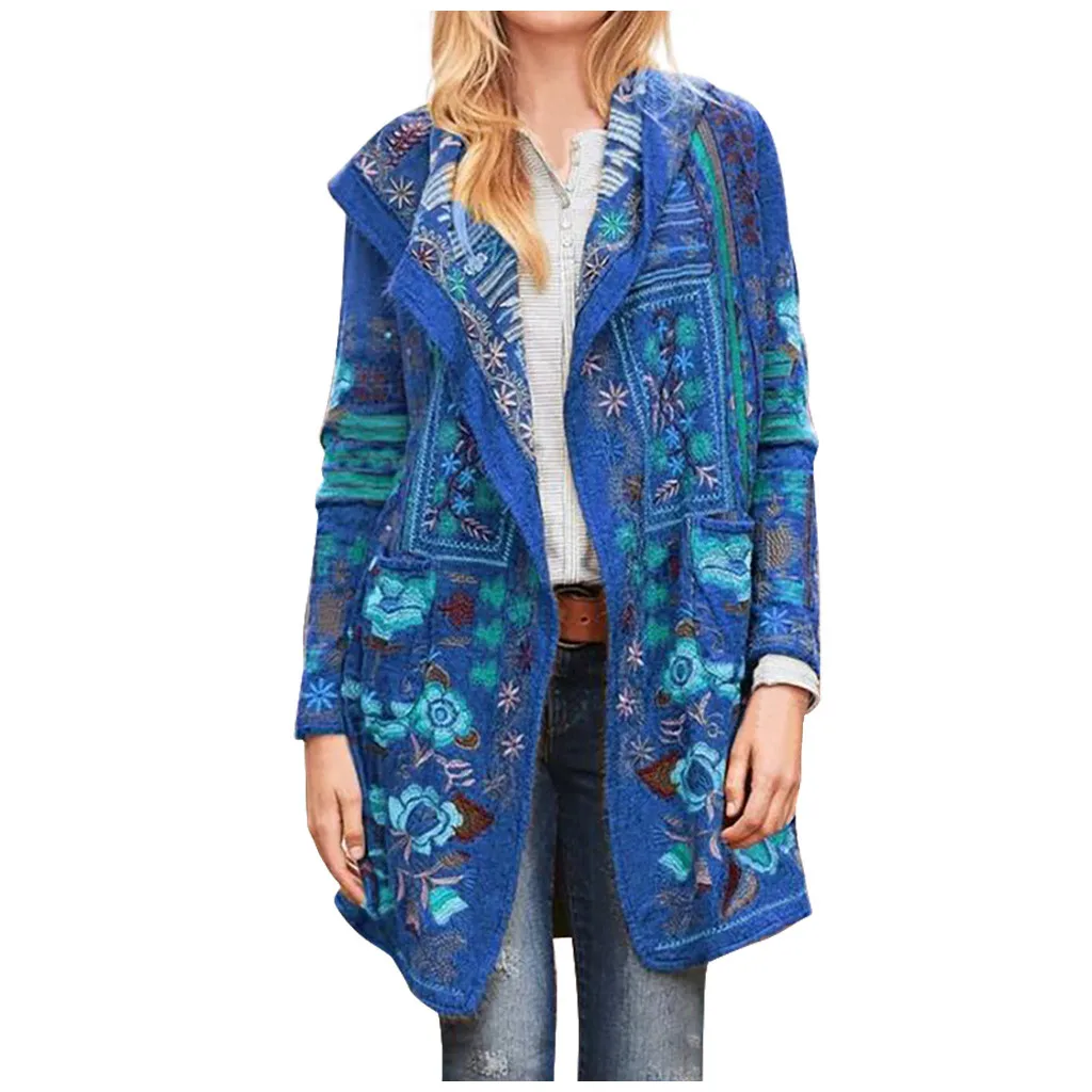 Women Vintage Trench Long Sleeve Flower Embroidery Ethnic Style Pocket Coat Casual Outwear Winter Warm Parka Long Jacket S-5XL
