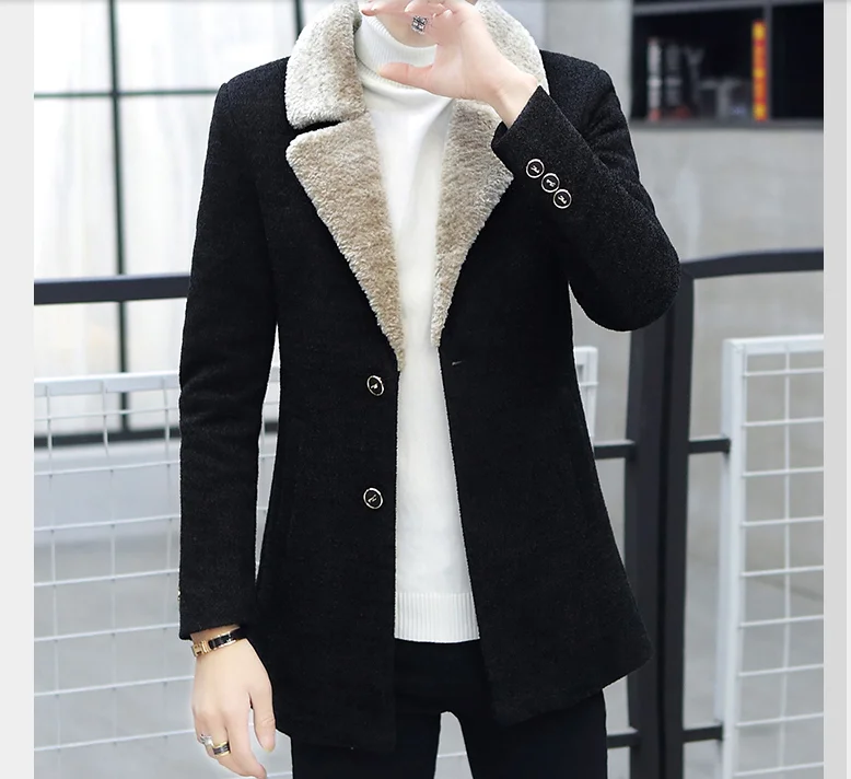 Mens Wool Blends Overcoat Fur Lining Thick Warm Trench Coat Lapel Winter Wear Single Breasted T160