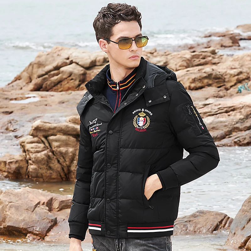 New Winter Men Down Feather Jacket 70% Grey duck down Embroidery Fashion Casual Bruce&Shark Male Hooded Thermal Outerwear Big