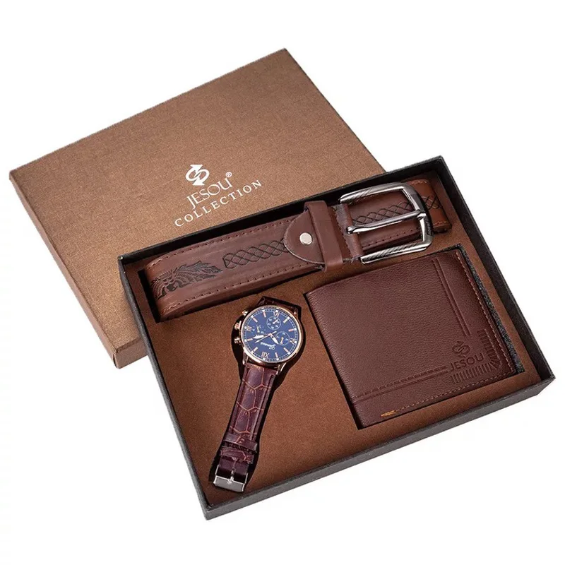 Brown-blue Set Мужские часы, подарочный набор, высокое качество, ремень, кошелек, модные кварцевые наручные часы, роскошные деловые часы для мужчин, подарки на день отца - Цвет: Brown-blue Set