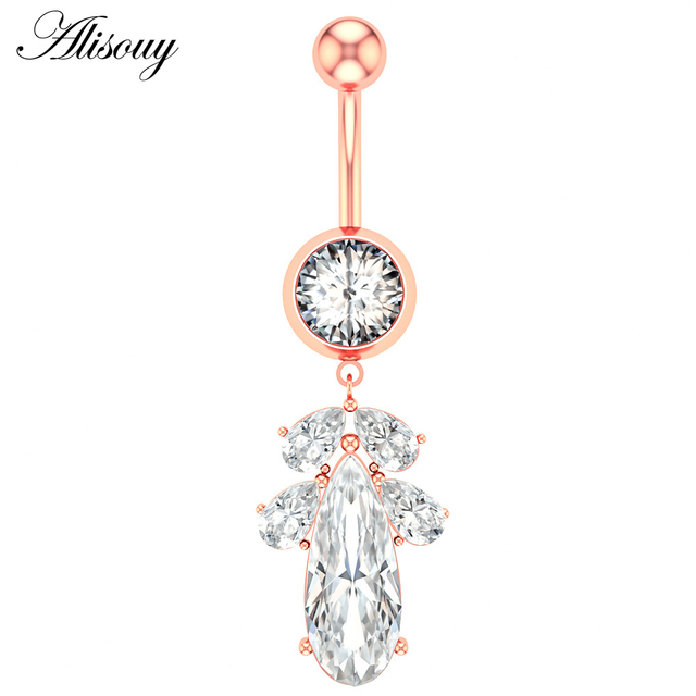 1pc Flower Heart Dangled Belly Navel Piercing Button Ring 14G Stainless Steel CZ Crystal Opal Ombligo Woman Body Jewelry