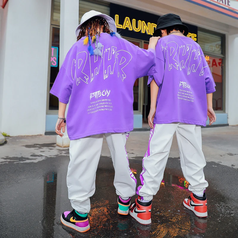 Summer Kids Hip Hop Boys Girls Street Dance Costume Purple T-Shirts Short Sleeves Outfit Hip-Hop Pants Jazz Dance Wear BL6238