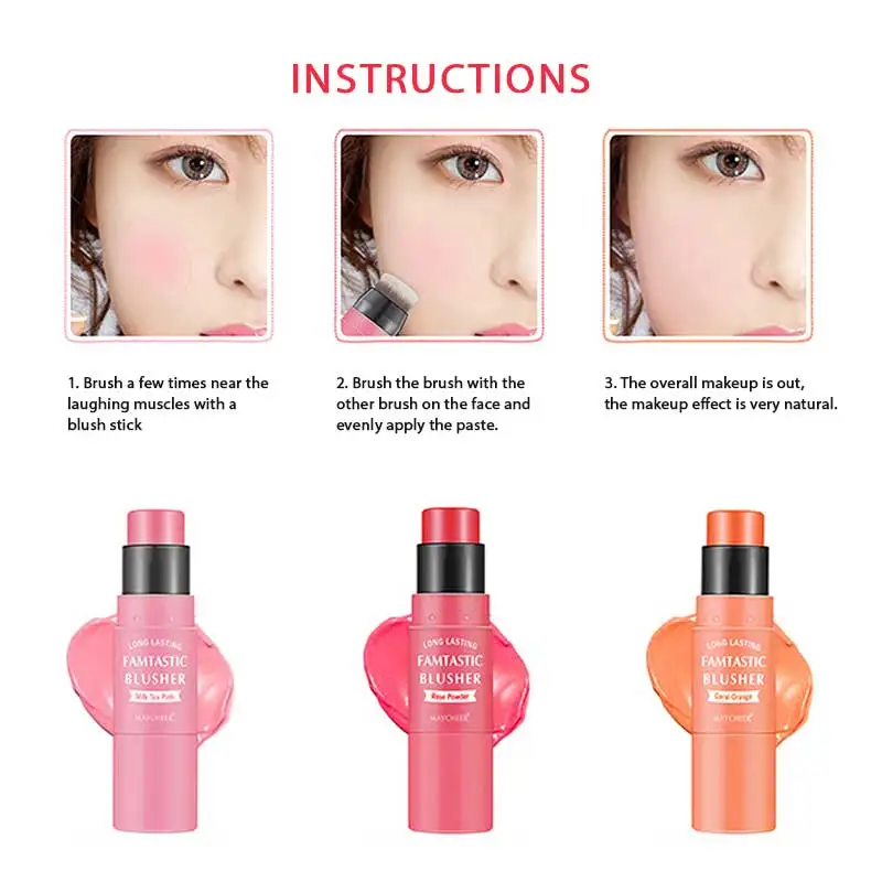 3 Colors Double-headed Blush Stick with Brush Moisturizing Face Powder Blusher Face Brighten Rouge Stick Peach Creamy Blush Make