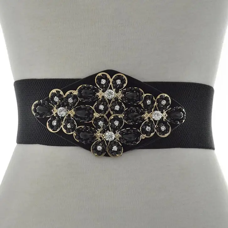 black Женская подиумная Мода blingbling бисером эластичные пояса женское платье Корсеты Пояс Ремни украшения широкий пояс R2523 - Цвет: black