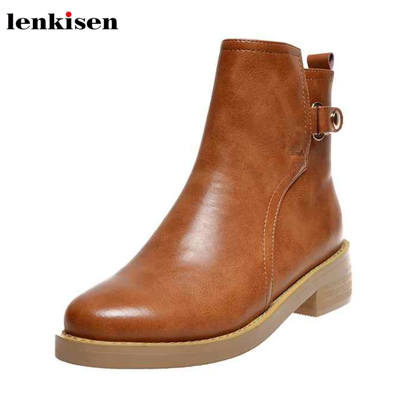

Lenkisen genuine leather fashion leisure preppy style metal buckle round toe high heels zipper keep warm women ankle boots L76