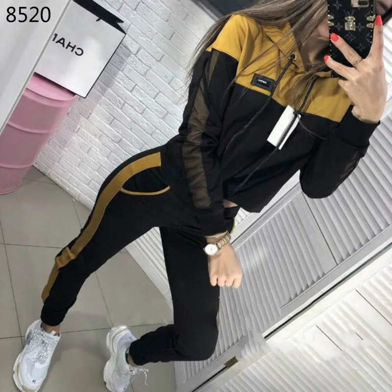 

Fashion Tracksuits Women Two Piece with Net Yarn Stitching Casual Women Set Hoodies Sweatshirt Pants Set Two Piece Sport Wear