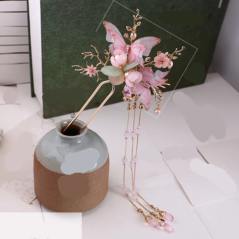 1 шт. классический в стиле ханьфу с бабочкой и кисточками Kanzashi, аксессуары для волос ручной работы для косплея, украшения для женщин и девочек