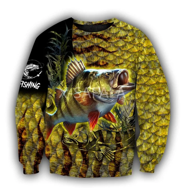 Толстовка в стиле Харадзюку для мужчин и женщин, Повседневный пуловер на молнии, свитшот с 3D-принтом, желтый окунь, рыбалка на коже, большие размеры 6