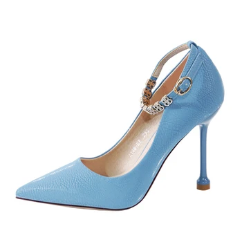 

2020 autumn new fashion all-match pointed toe stiletto temperament rhinestone one-word buckle shallow mouth with heel shoes