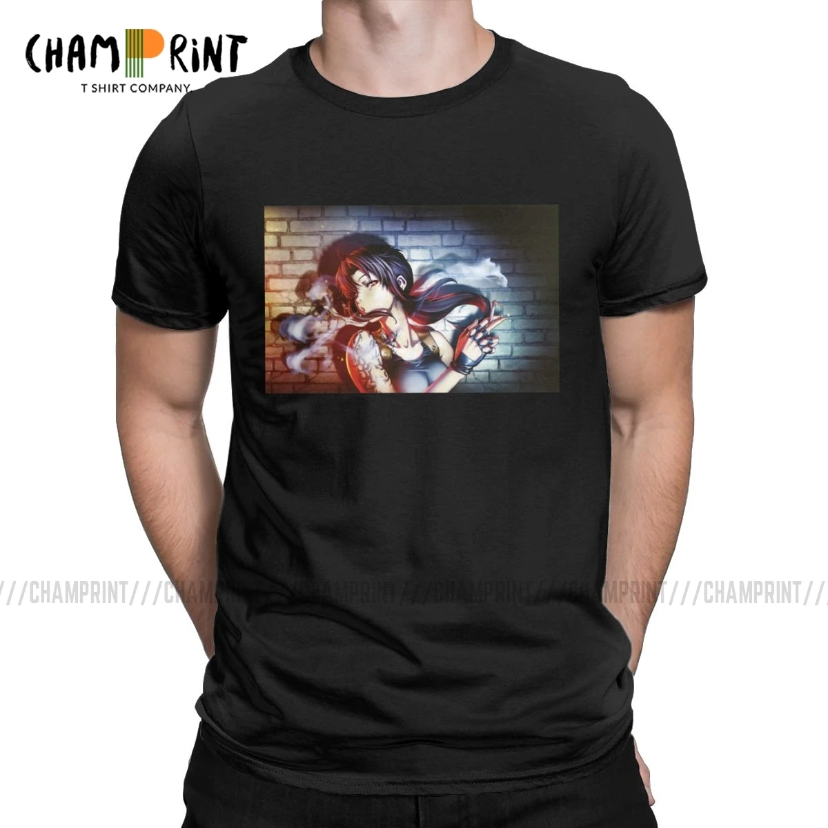

Funny Revy T-Shirts for Men Round Collar Pure Cotton T Shirt Black Lagoon Anime Short Sleeve Tees Classic Tops