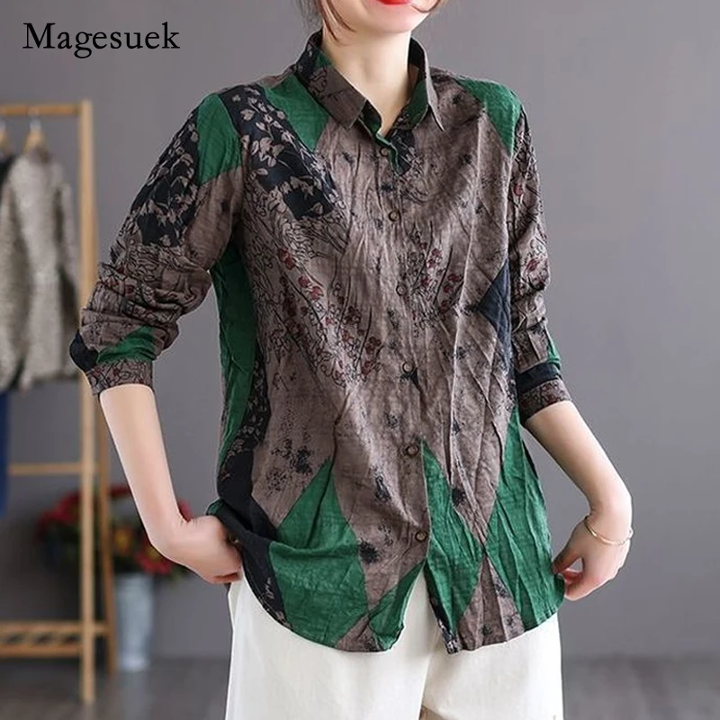 

Spring 2022 New Loose Shirt Women Vintage Women's Printed Floral Shirt Casual Single Breasted Long Sleeve OL Style Top 1859