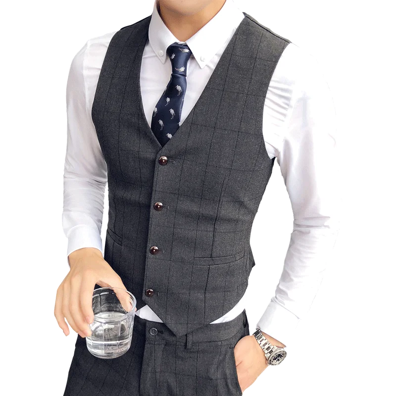 Gray and black men plaid two piece set (vest pants) spring and autumn