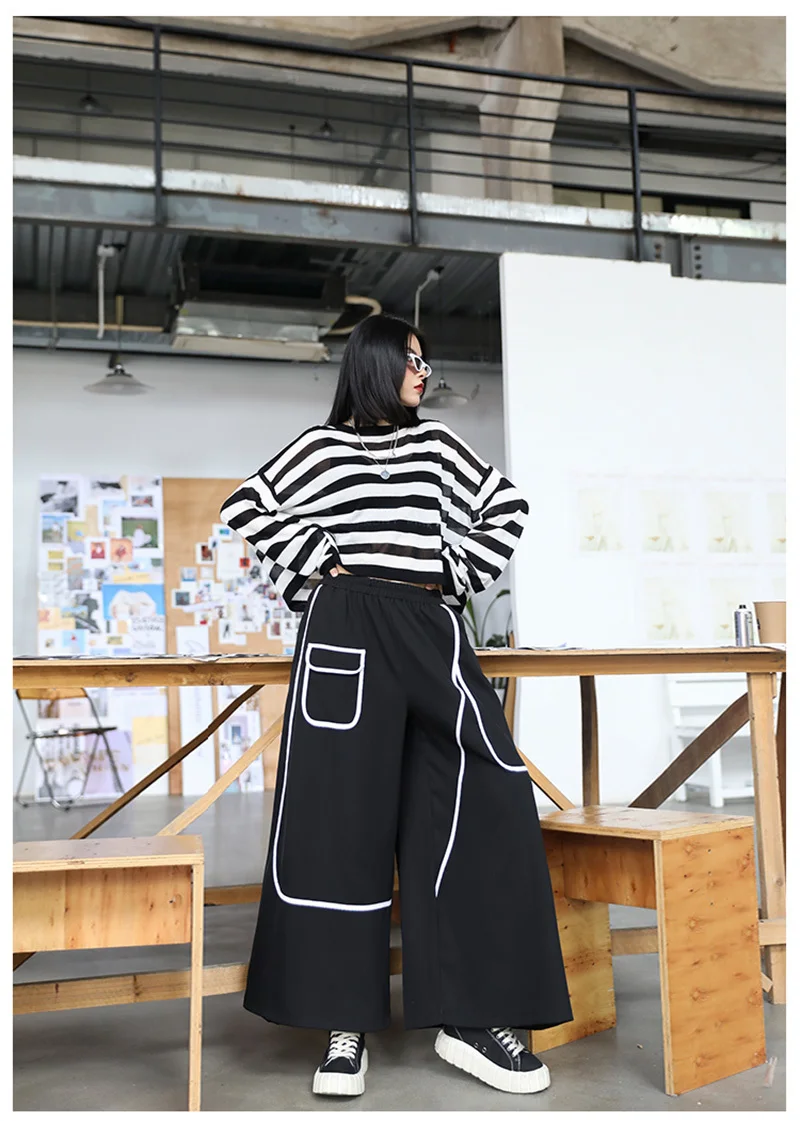 [EAM] High Elastic Waist Black Pocket Split Long Wide Leg Trousers New Loose Fit Pants Women Fashion Spring Autumn 2020 1X812