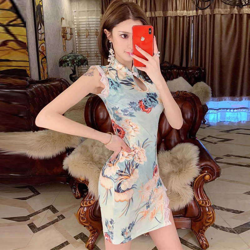 women elegant printing cheongsam chinese classic qipao sleeveless sexy short dress banquet nightclub party dress