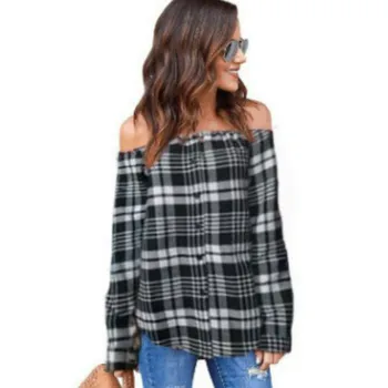 

Women Sexy Plaid Blouses Slash Neck Casual Shirts 2020 Spring Autumn New Fashion Cotton Long Sleeve Streetwear Female Clothing