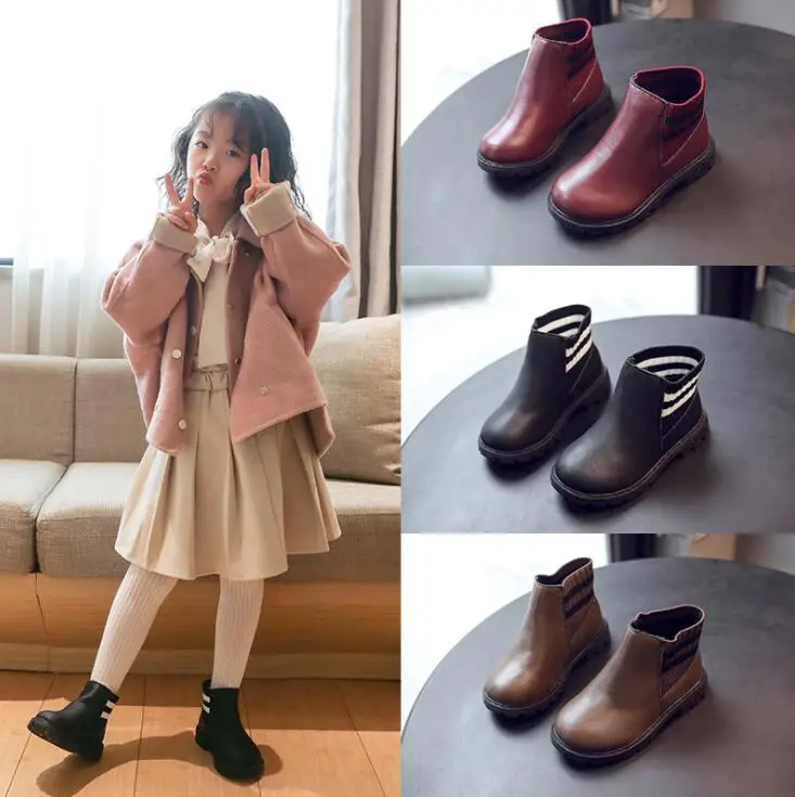 YWPENGCAI/осенне-зимние детские вязаные теплые ботинки с густым мехом; ботильоны для мальчиков; ботинки из искусственной кожи для девочек; цвет черный, коричневый; размеры 27-36