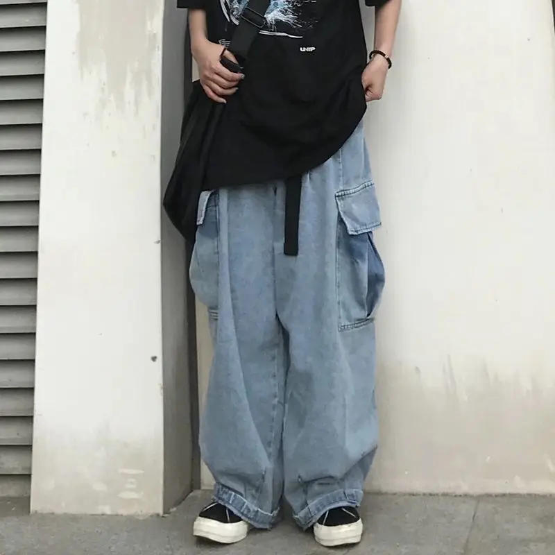 Japanese retro straight wide-leg tooling jeans lazy wind loose and thin high-waist bloomers ins tide | Женская одежда