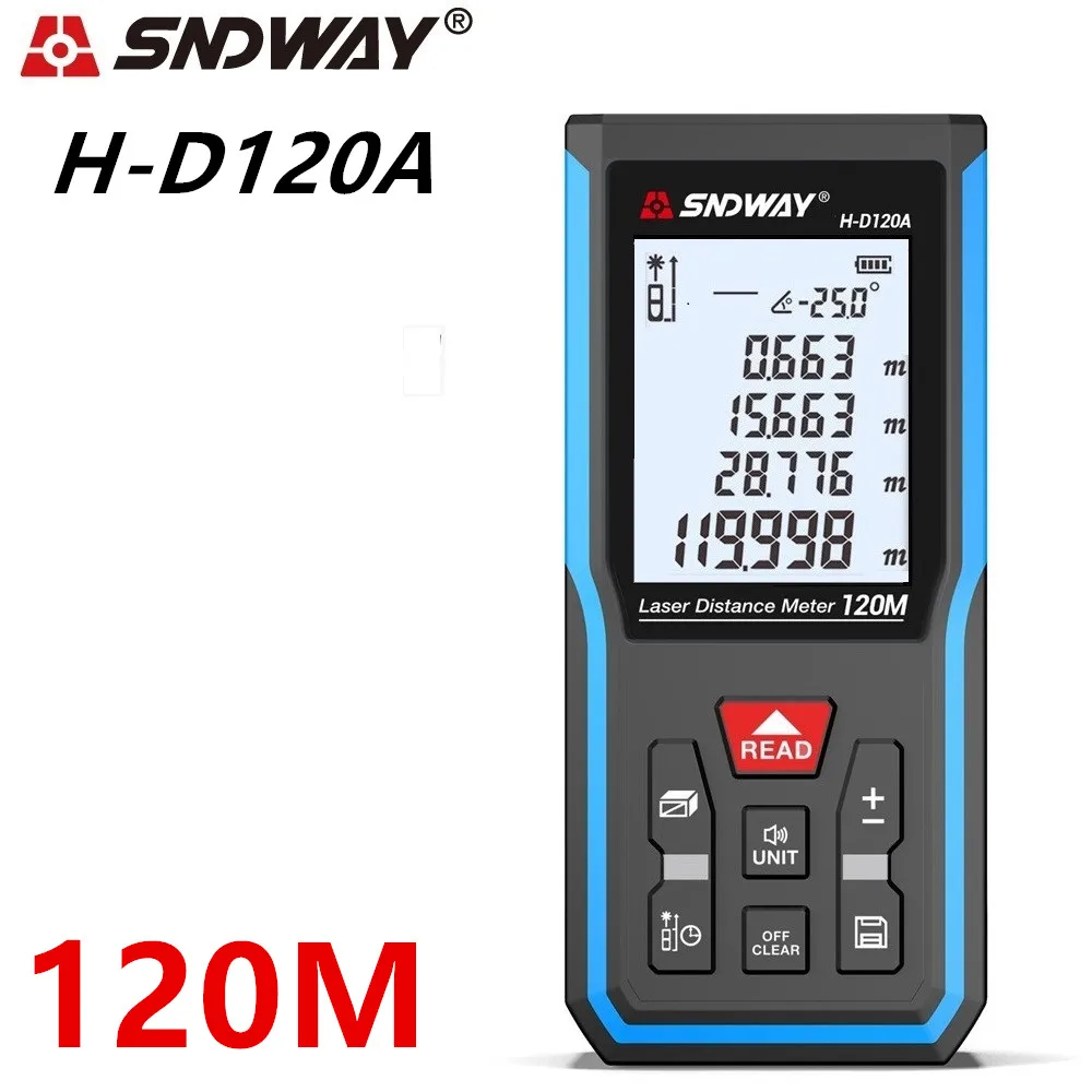 SNDWAY Laser Distance Meter 70m 100m 120m Digital Rangefinder Range Finder Laser Tape Roulette Ruler Angle Measurement Roulette - Цвет: H-D120A  120M